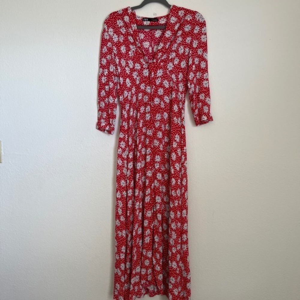 Zara Red Floral Maxi Dress Size S Button Front Daisy Polka Dot‎ V Neck Cottage